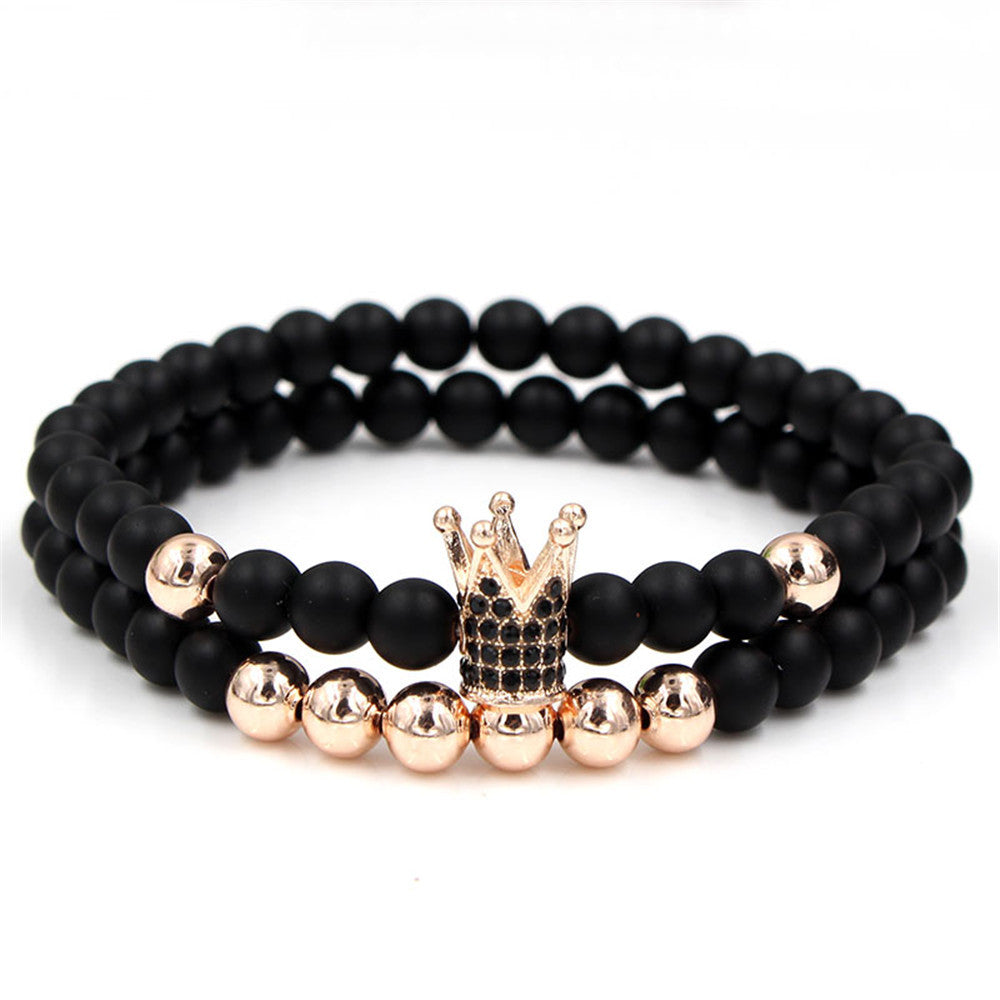 Exaggerated 6mm Matte Black Copper Beaded Bracelet with Pavé Zircon Crown Charm Vintage Hand Chain