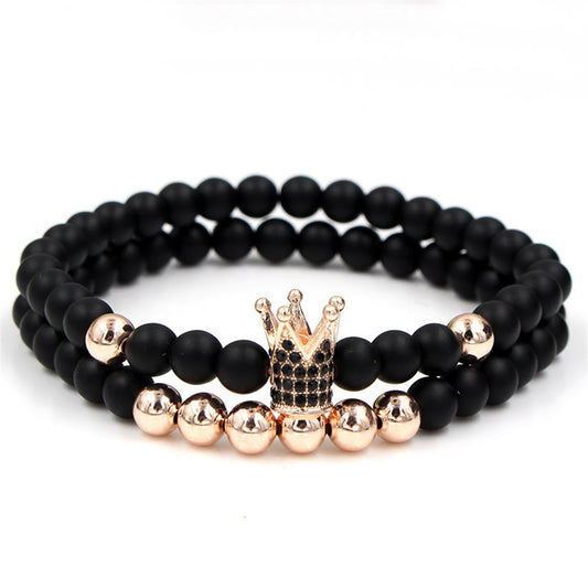 Pulsera exagerada de 6 mm de cobre negro mate con cuentas y dije de corona de circonita pavé, cadena de mano vintage