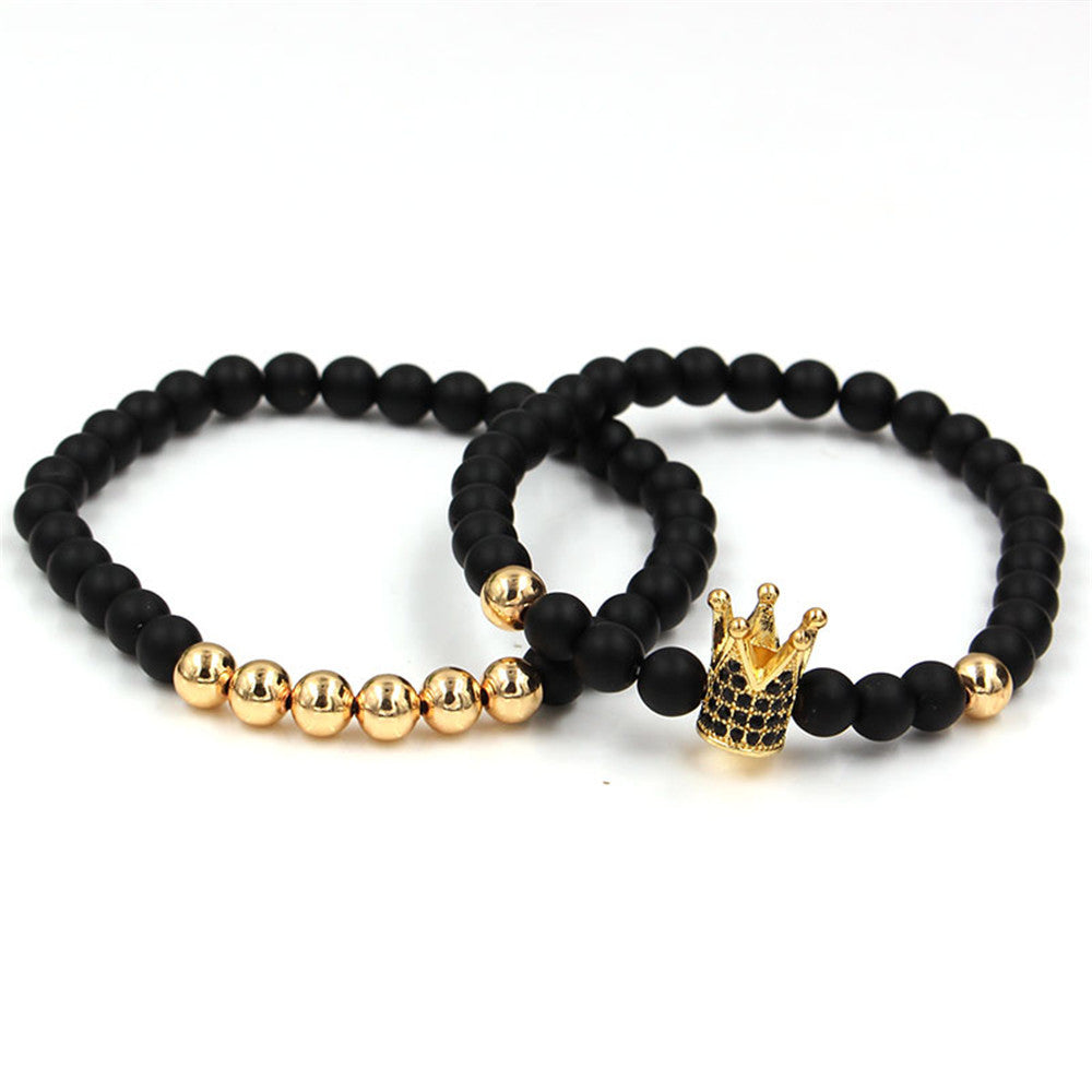 Exaggerated 6mm Matte Black Copper Beaded Bracelet with Pavé Zircon Crown Charm Vintage Hand Chain