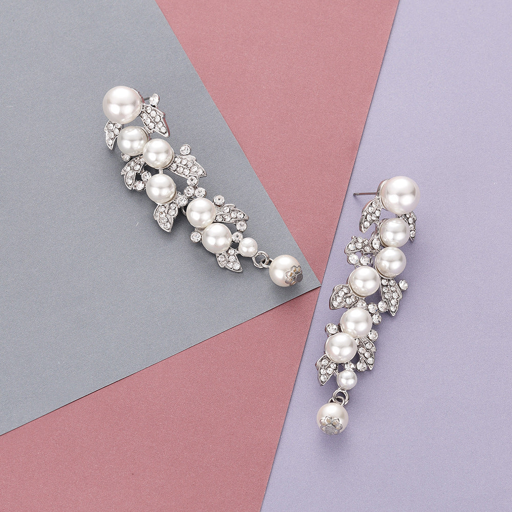 Korean Japanese Style Crown Pearl Stud Earrings for Brides Wedding Photography Formal Wear No-Piercing Clip-On Ear Cuffs