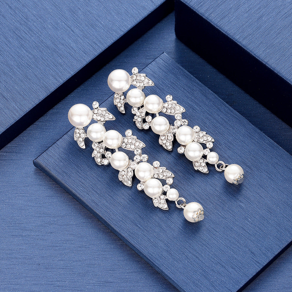 Korean Japanese Style Crown Pearl Stud Earrings for Brides Wedding Photography Formal Wear No-Piercing Clip-On Ear Cuffs