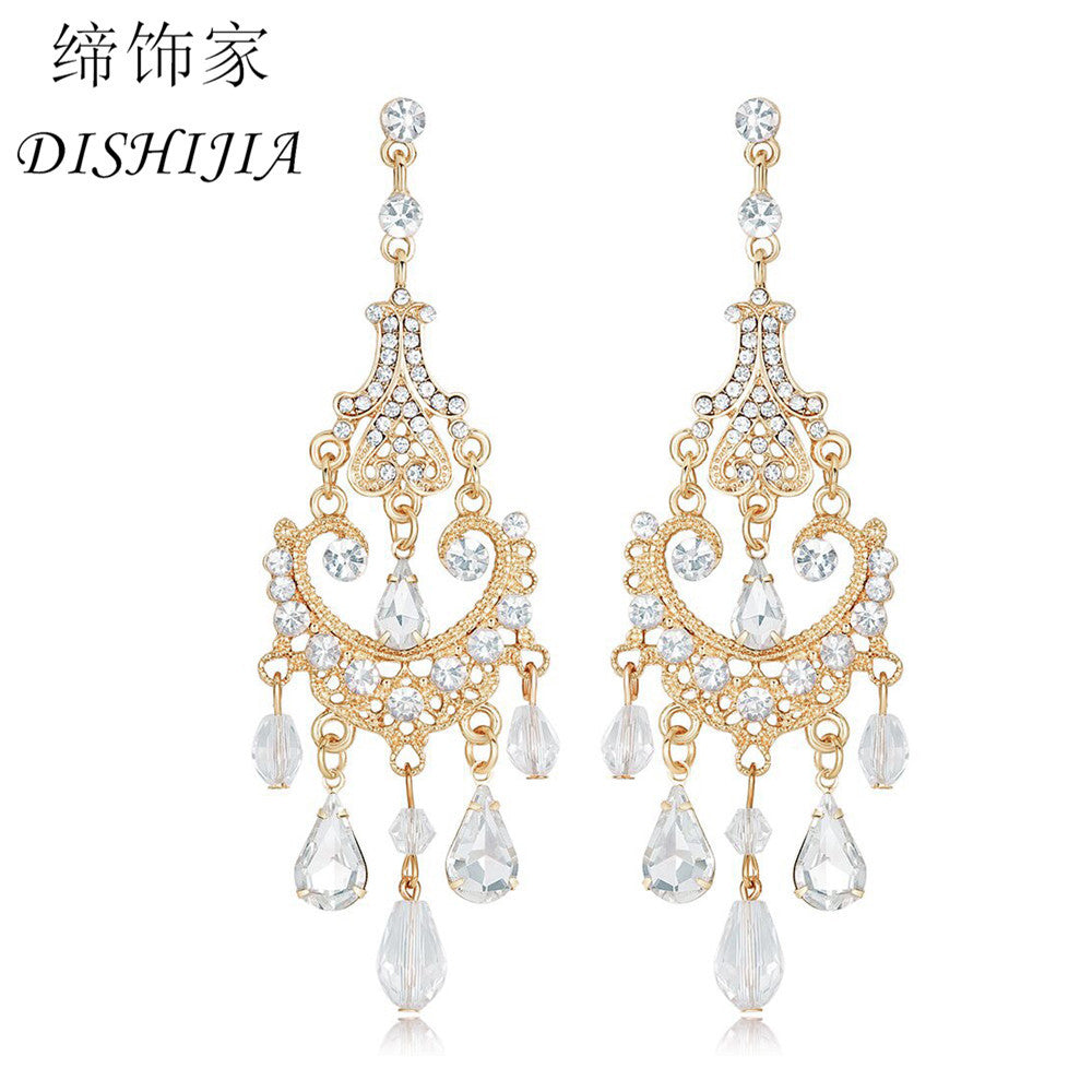 Orecchini pendenti lunghi con lacrima di cristallo per donna, placcati oro, per matrimoni, feste nuziali, eventi formali, accessori