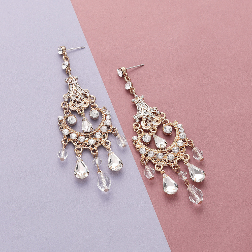 Orecchini pendenti lunghi con lacrima di cristallo per donna, placcati oro, per matrimoni, feste nuziali, eventi formali, accessori