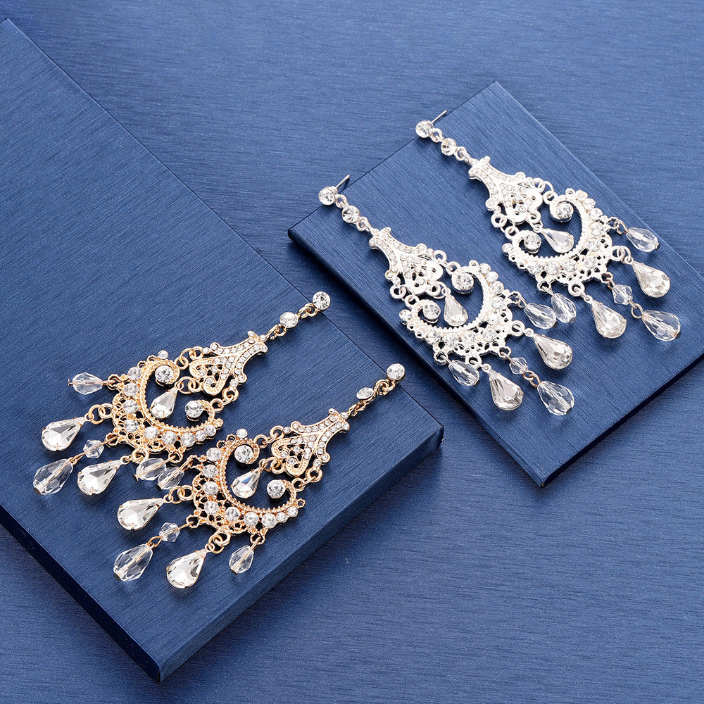 Orecchini pendenti lunghi con lacrima di cristallo per donna, placcati oro, per matrimoni, feste nuziali, eventi formali, accessori