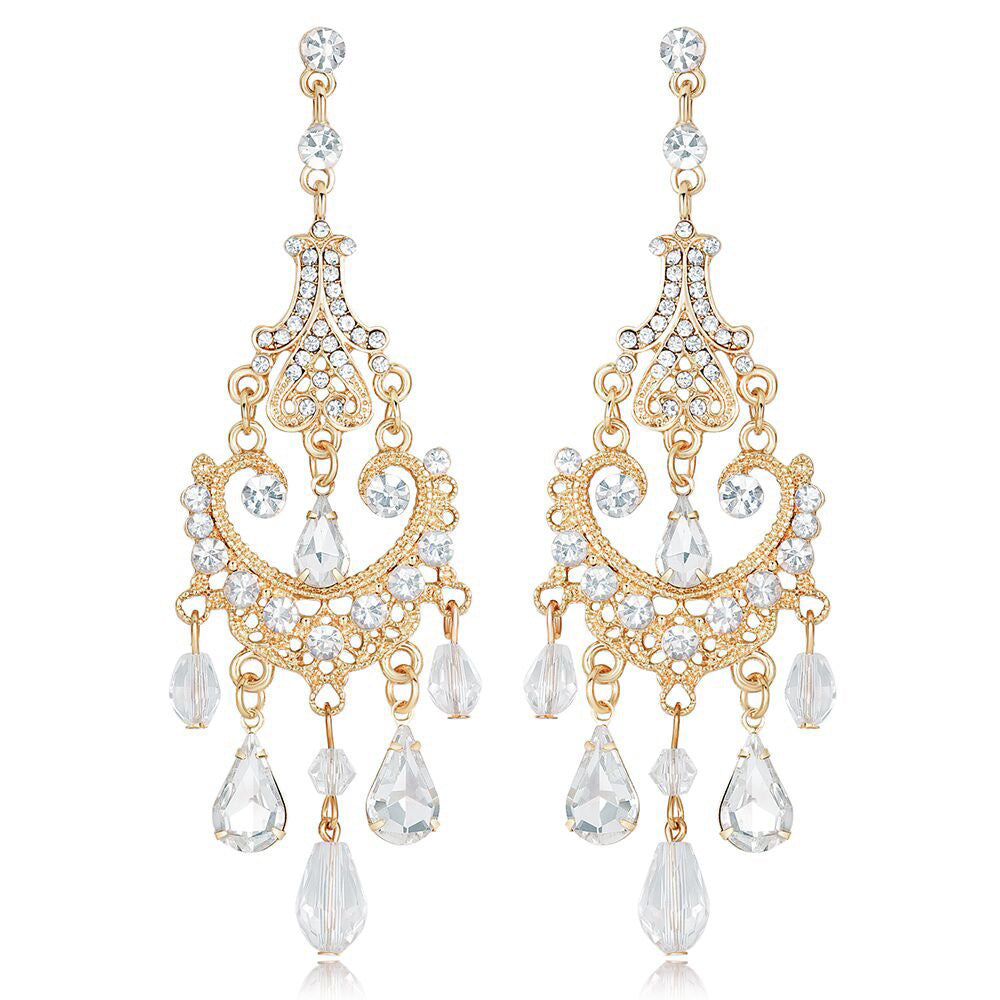 Orecchini pendenti lunghi con lacrima di cristallo per donna, placcati oro, per matrimoni, feste nuziali, eventi formali, accessori
