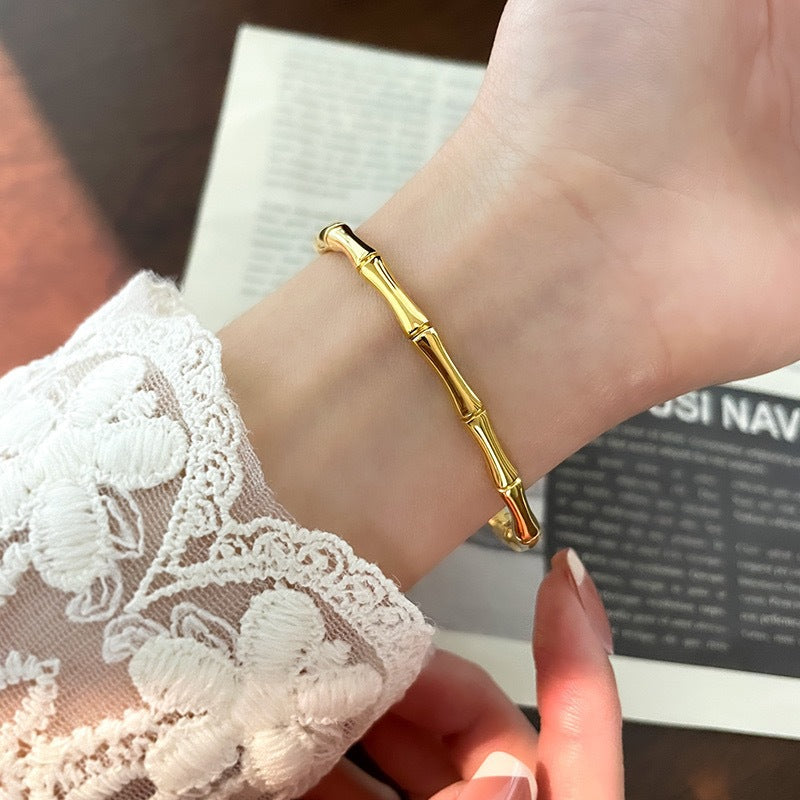 Elegant Bamboo Segment Bangle Bracelet for Women Solid Titanium Steel with 18K Gold Plating Vintage Chinese-Inspired Design