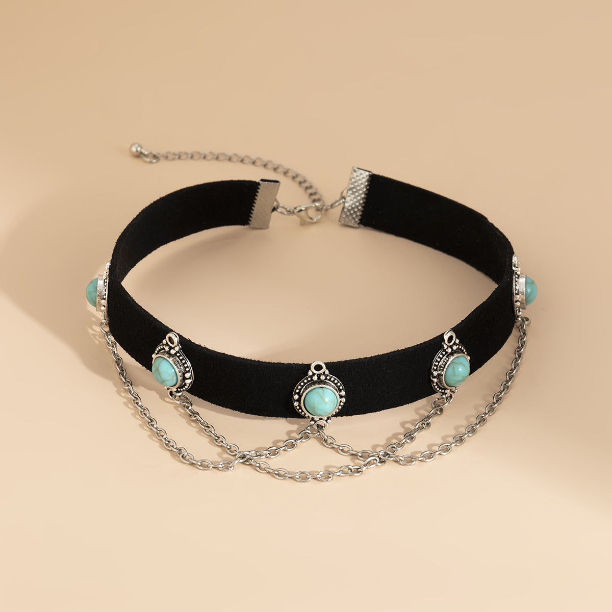 Vintage Streetwear Geometric Alloy Pendant Turquoise Inlay Plated Velvet Choker Necklace for Women