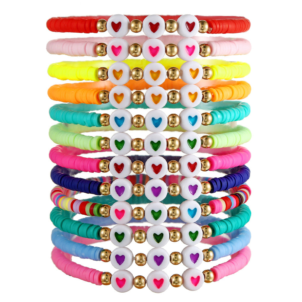 Casual Handmade Polymer Clay and Brass Beaded Bracelet with Letter and Smiley Charms