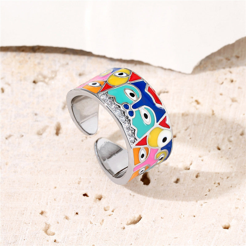Casual Geometric Drip Oil Brass Ring with Cubic Zirconia for Women