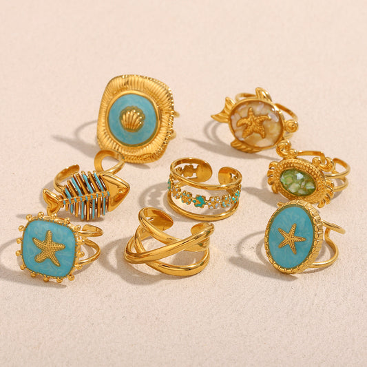 Fashion Geometric Stainless Steel Ring with 18K Gold Plating Featuring Crossed Lines Fishbone Floral Crab and Turtle Motifs