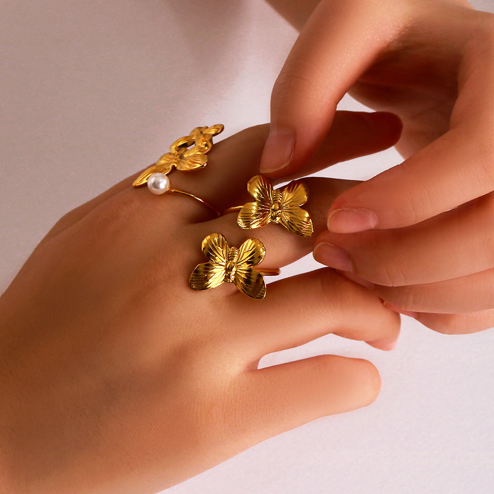 Minimalist Butterfly-Shaped Stainless Steel Ring with 18K Gold Plating and Pearl Inlay for Women