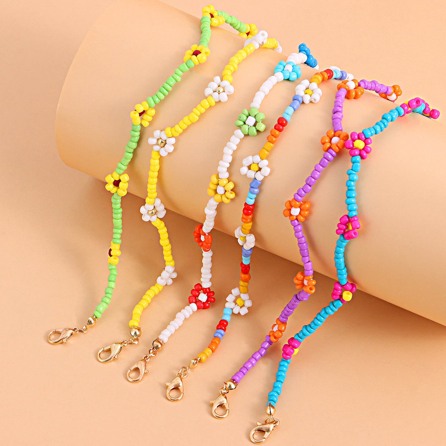 Floral Anklet for Women Handmade Beaded Colorful Flower Design Anklet Set for Beach Fashion