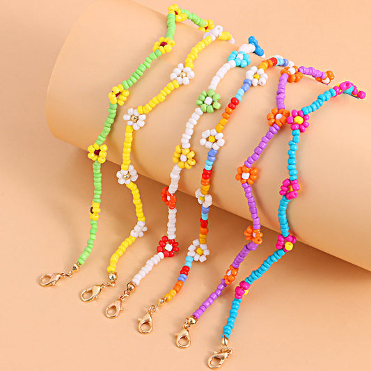 Floral Anklet for Women Handmade Beaded Colorful Flower Design Anklet Set for Beach Fashion