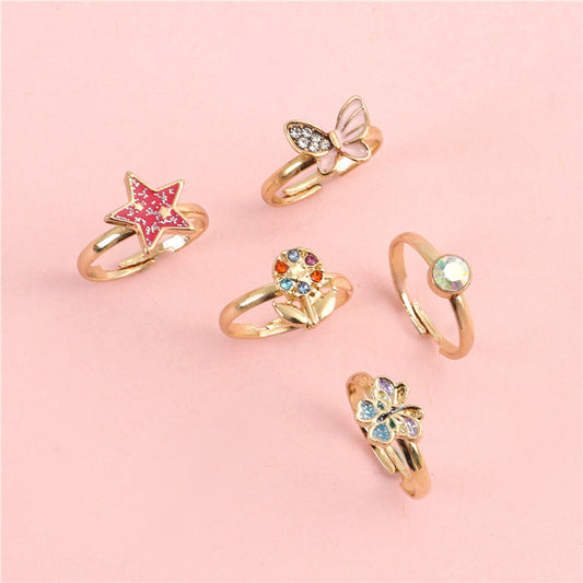 Juego de anillos de aleación con diseño de mariposa de dibujos animados y flores para niños con acabado de esmalte e incrustaciones de diamantes de imitación