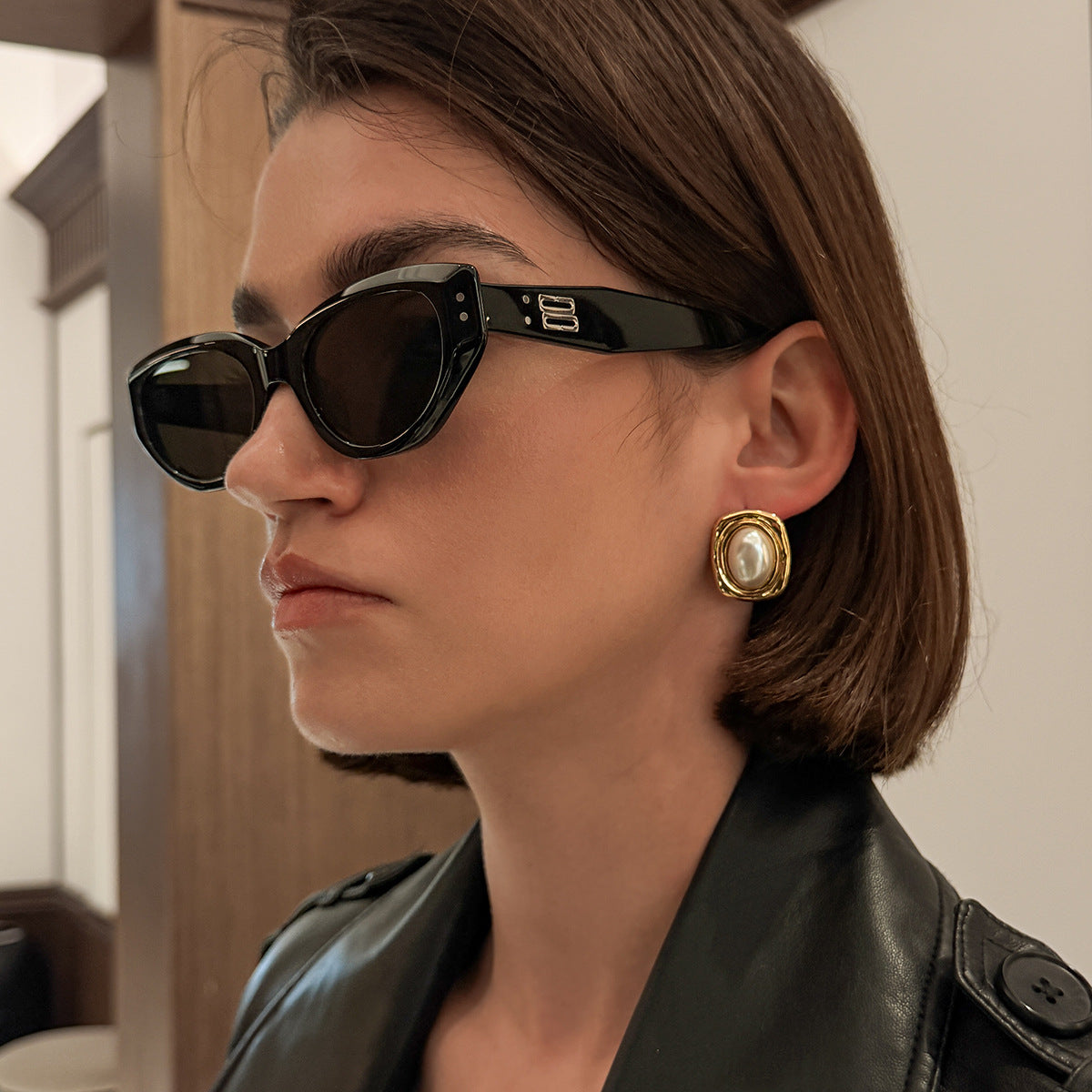 Vintage Geometric Square Oval Pearl Inlay Plated Stainless Steel Earrings for Women