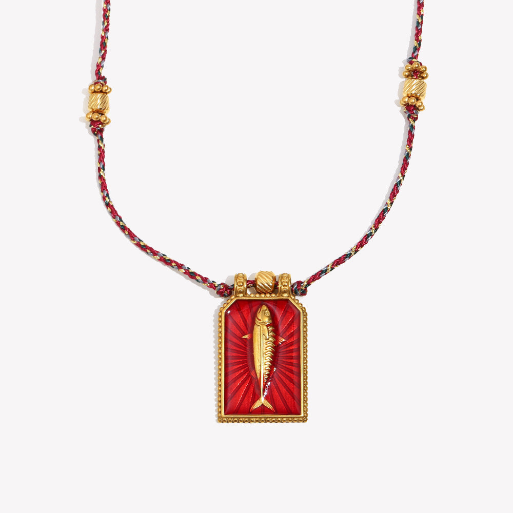 Minimalist Geometric Stainless Steel Plated 18K Gold Tuna Tarot Pendant Necklace for Women with Enamel Detail