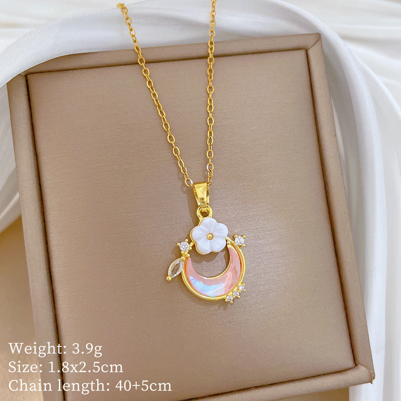 Sweet Minimalist Moon Floral Rhinestone Pendant Titanium Steel Necklace for Unisex