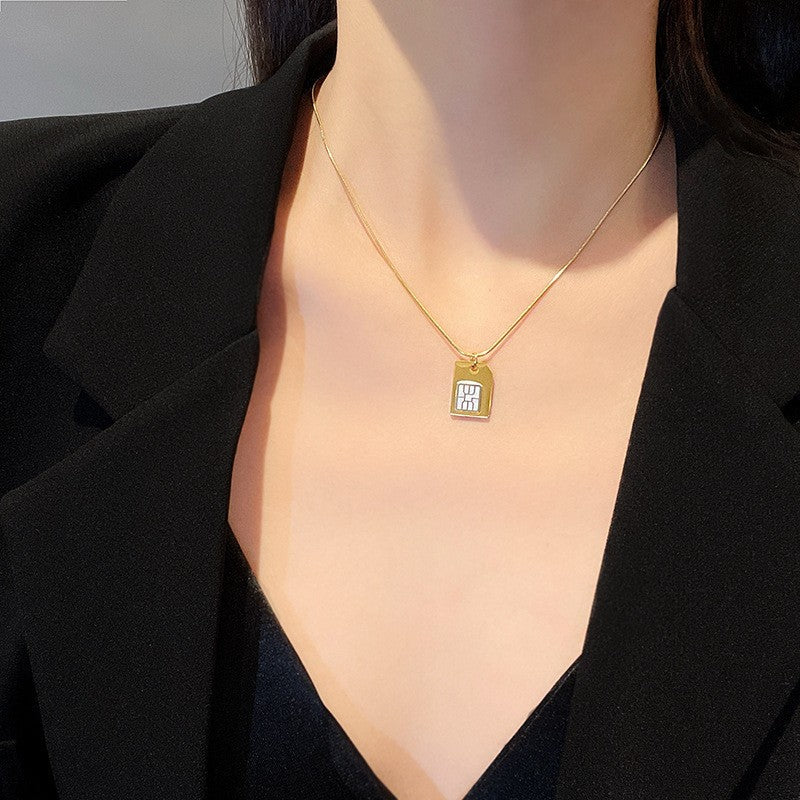 Minimalist Creative Design Titanium Steel Pendant Necklace for Women Square Geometric Electronic Card Holder with Electroplated Finish