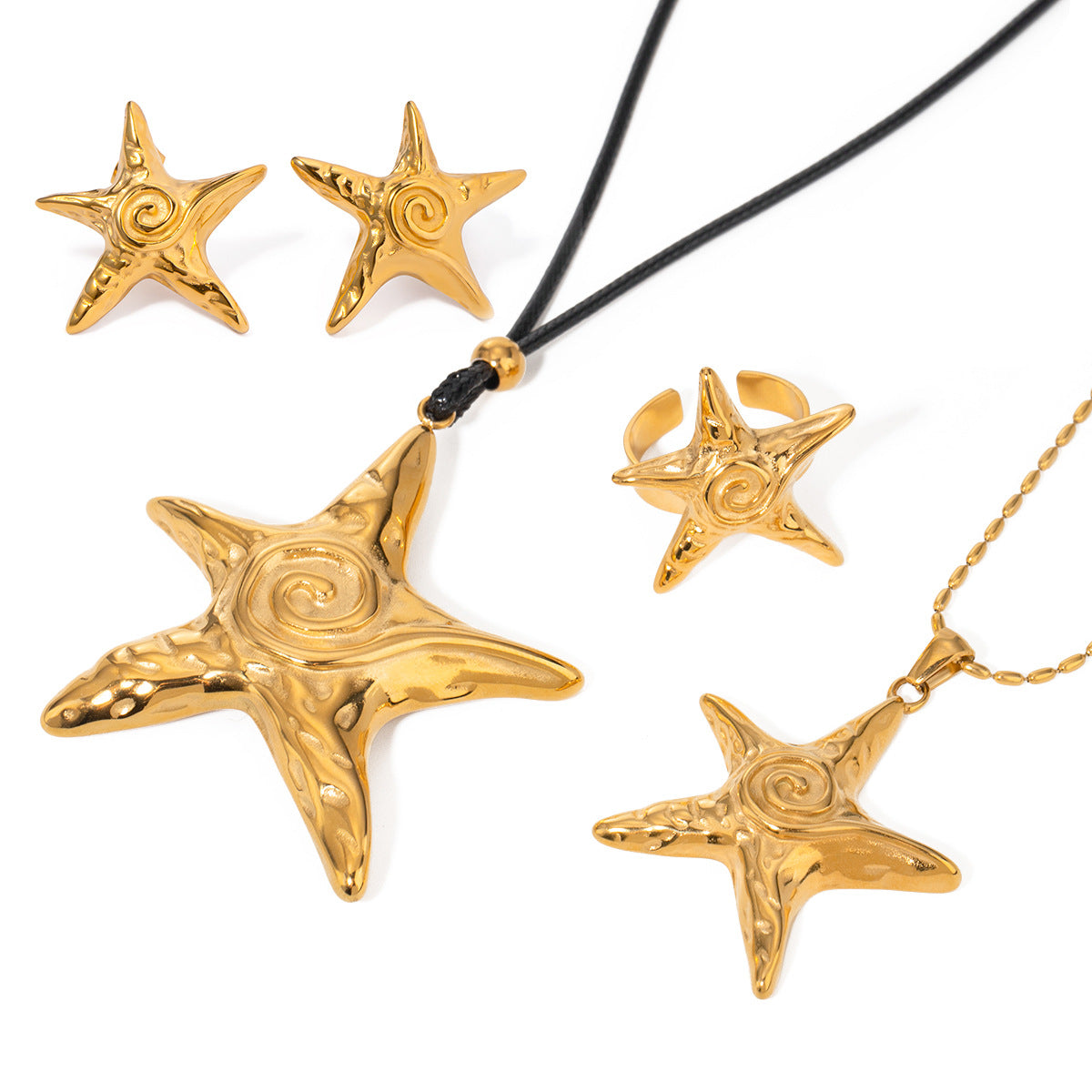 Fashion Unisex 18K Gold Plated Stainless Steel Starfish Spiral Circle Stud Earrings and Necklace Set
