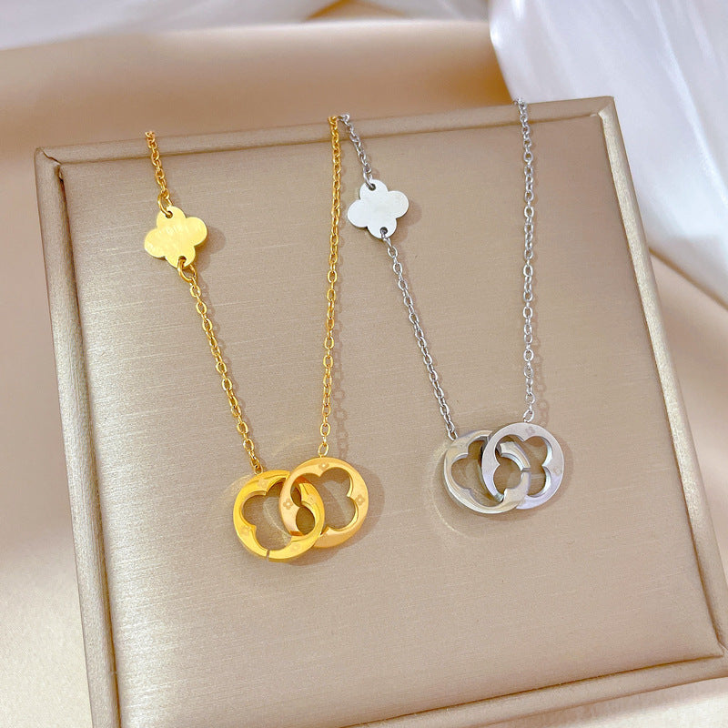 Minimalist Geometric Titanium Steel Pendant Necklace for Women Short Clavicle Chain with Rhinestone Inlay Modern Office Style