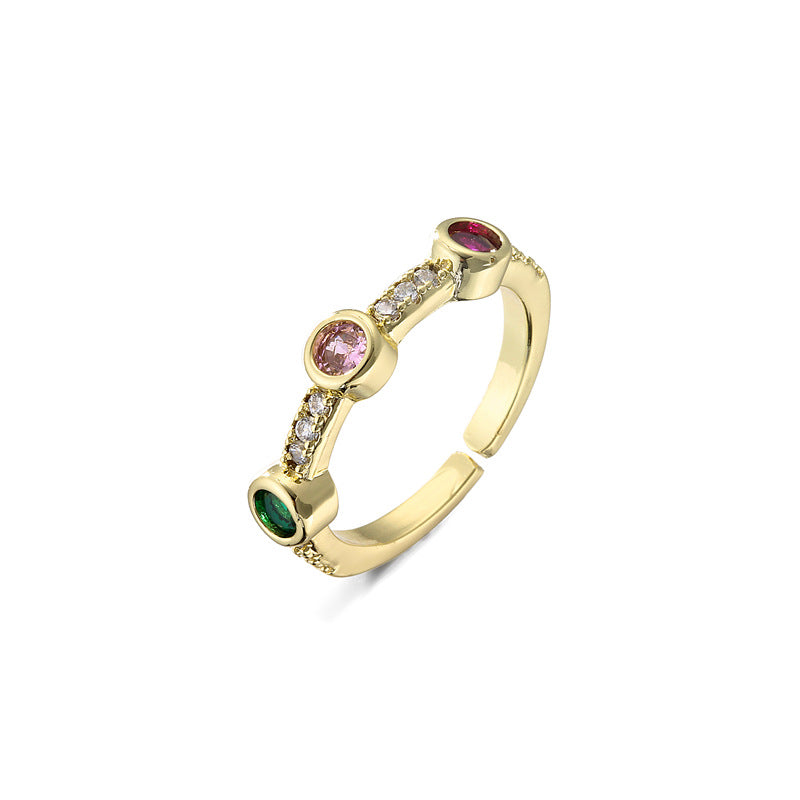 Vintage Geometric Brass Gold Plated Micro-Inlaid Cubic Zirconia Ring for Women