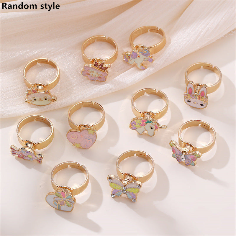 Juego de anillos de esmalte con colgante de personaje de dibujos animados para niñas, anillos de aleación estilo princesa con diseño de Anna
