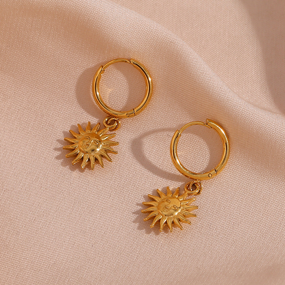 Minimalist Geometric Stainless Steel Sun Pendant Hoop Earrings for Women with Plated Finish