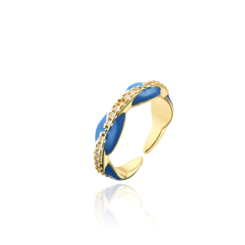 Elegant 18K Gold Plated Geometric Brass Ring with Colorful Drip Oil and Micro-inlaid Cubic Zirconia