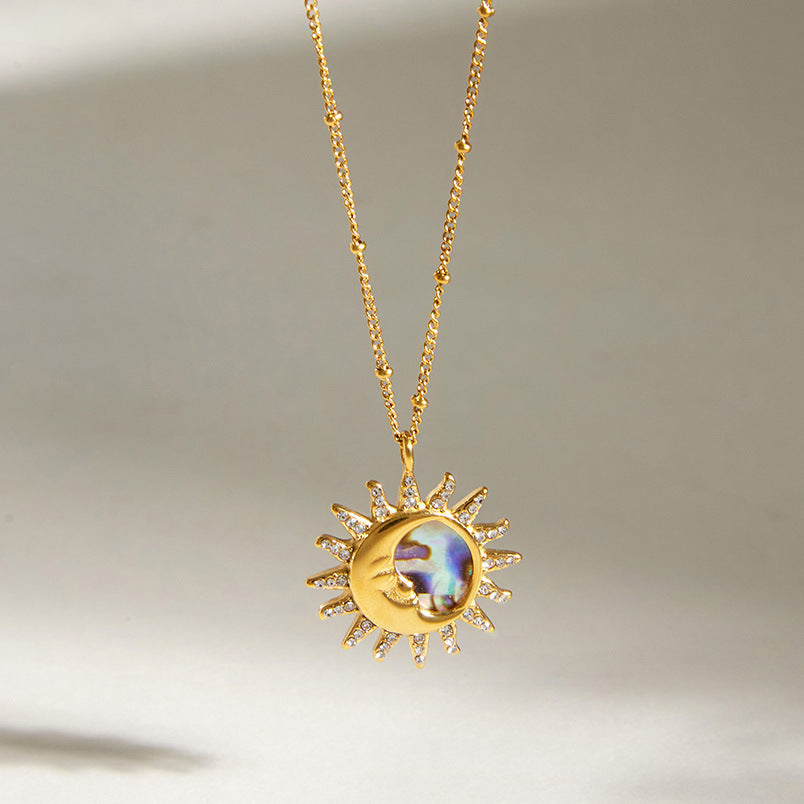 Minimalist Geometric Titanium Steel Necklace with Rhinestone and Abalone Shell Sun Design PVD Gold Plated for Women