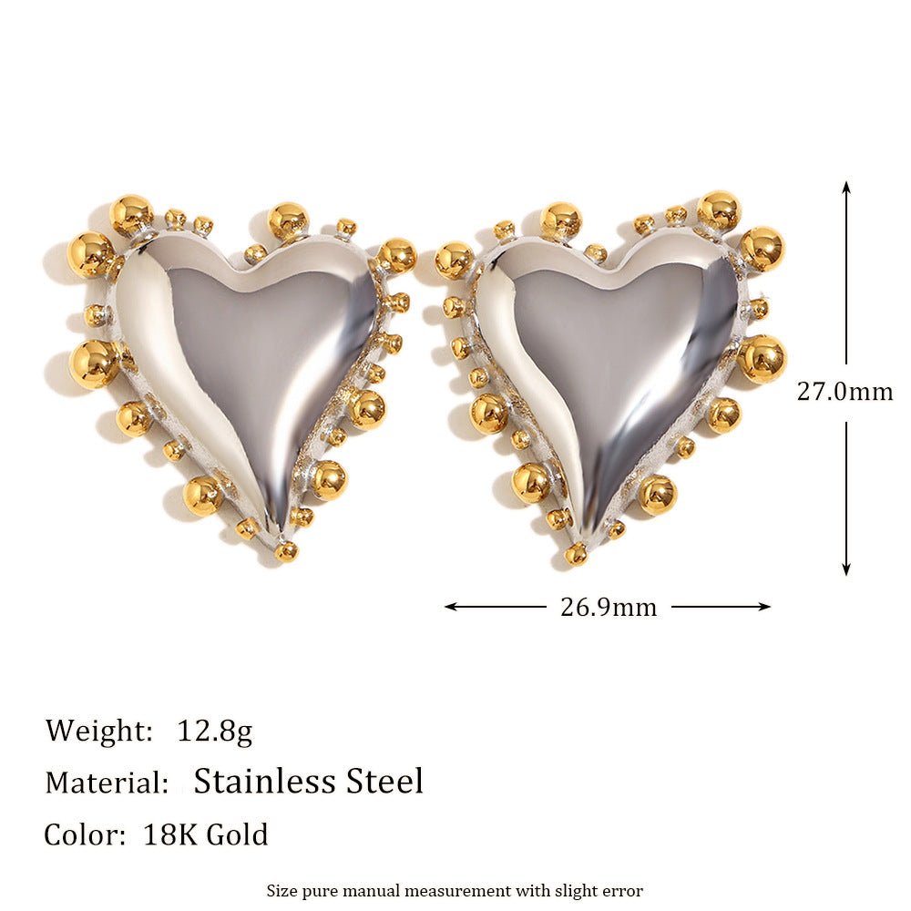 Fashionable Minimalist Heart-Shaped Stainless Steel Earrings with 18K Gold Plated Beaded Edge for Women