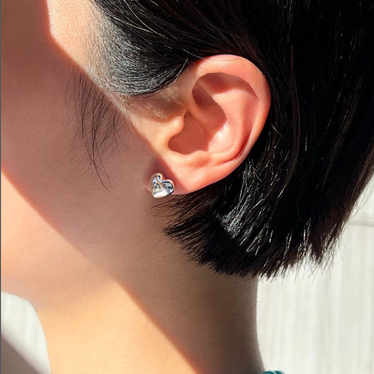 Minimalist Heart-Shaped 925 Sterling Silver Stud Earrings for Women with Handcrafted Finish