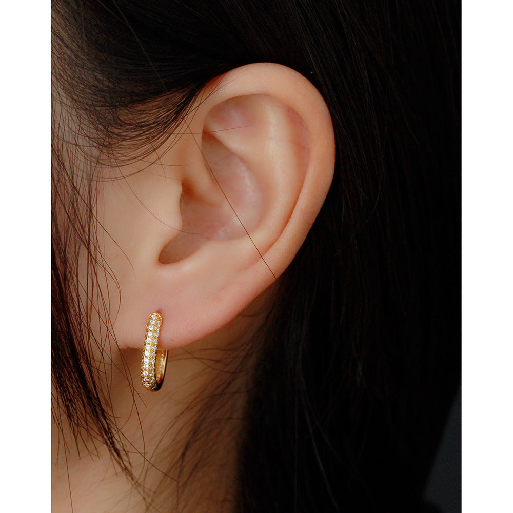 Minimalist 925 Sterling Silver Geometric Hoop Earrings with Cubic Zirconia Inlay