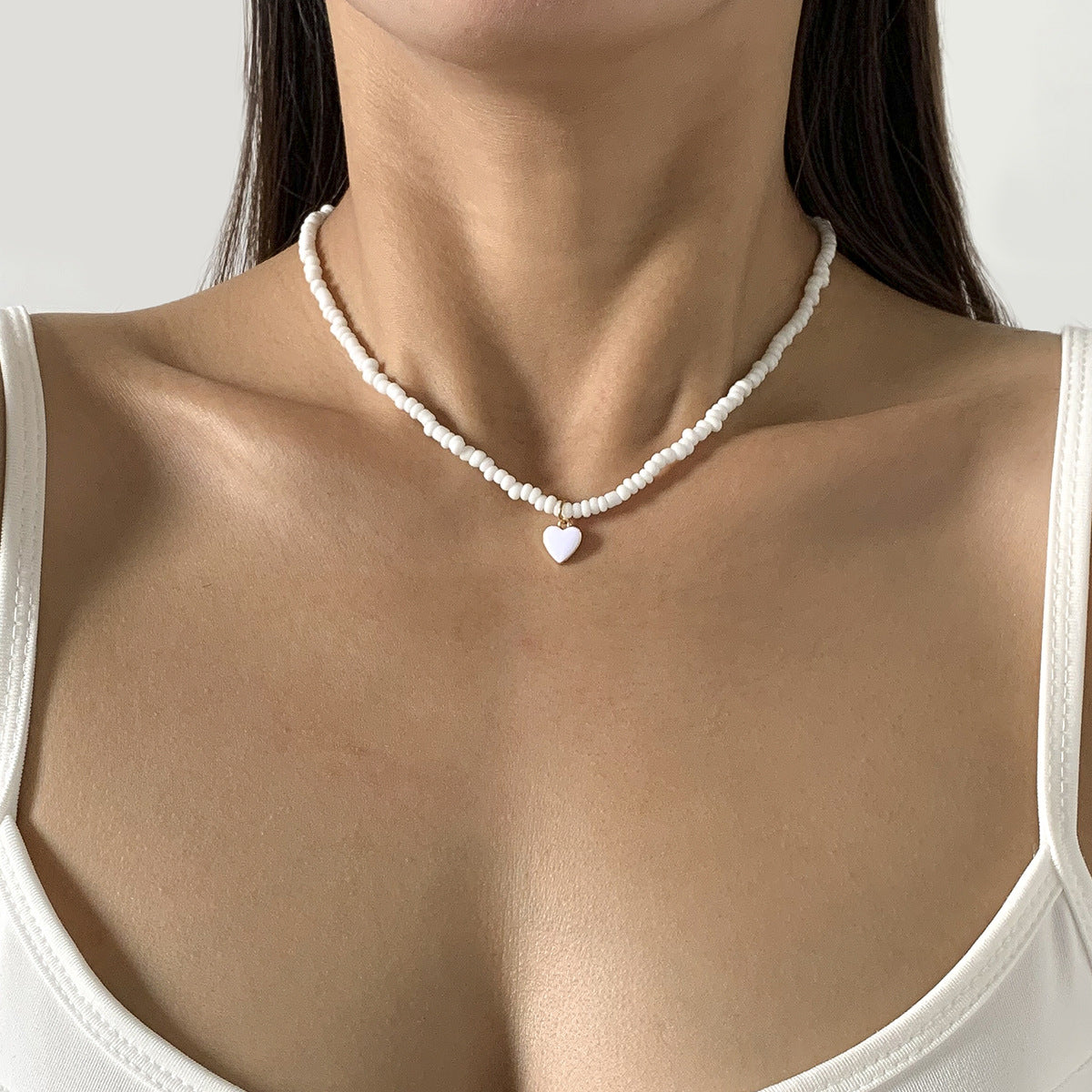 Sweet Drip Oil Heart Geometric Alloy Pendant Glass Bead Ball Chain Necklace