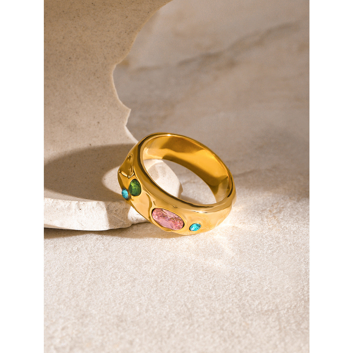18K Gold Plated Geometric Stainless Steel Ring with Pink Blue and Green Cubic Zirconia