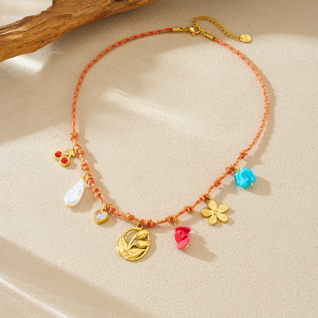 Bohemian Sweet Gold Plated Stainless Steel Floral Plant Knot Rope Necklace for Women