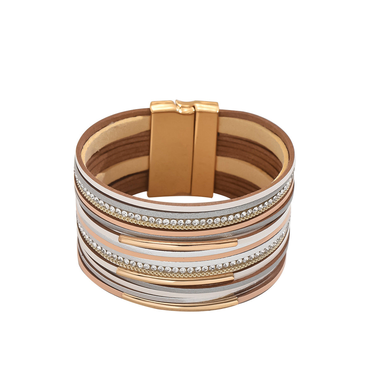 Minimalist Geometric Leather Bracelet for Women with Rhinestone Inlay and Multi-Layer Design