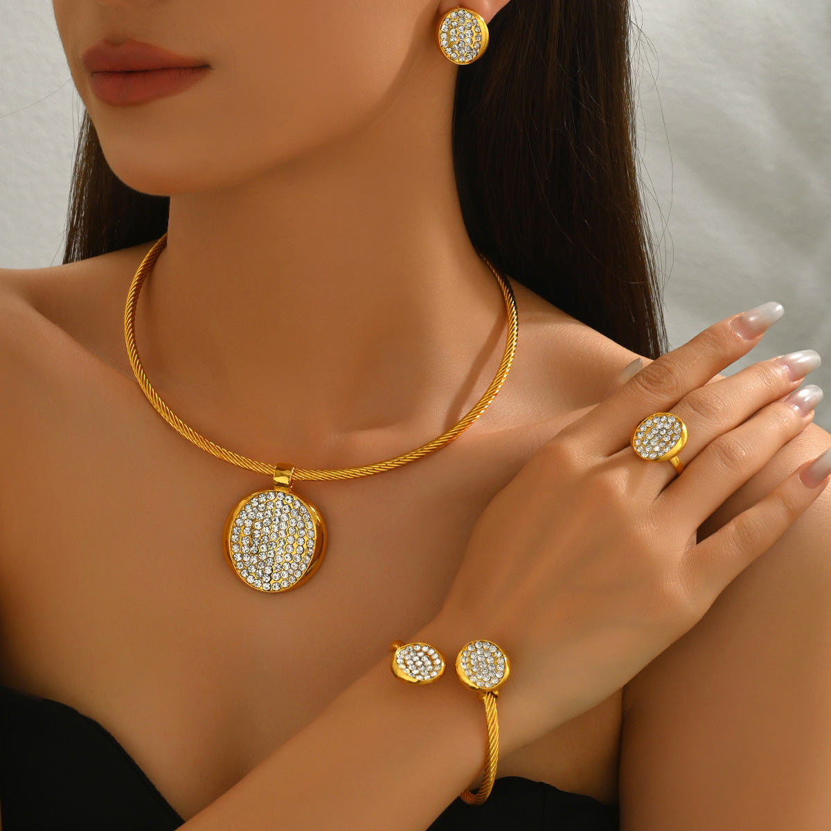 Conjunto de collar, aretes y pulsera redondos con incrustaciones de pedrería geométrica vintage para mujer