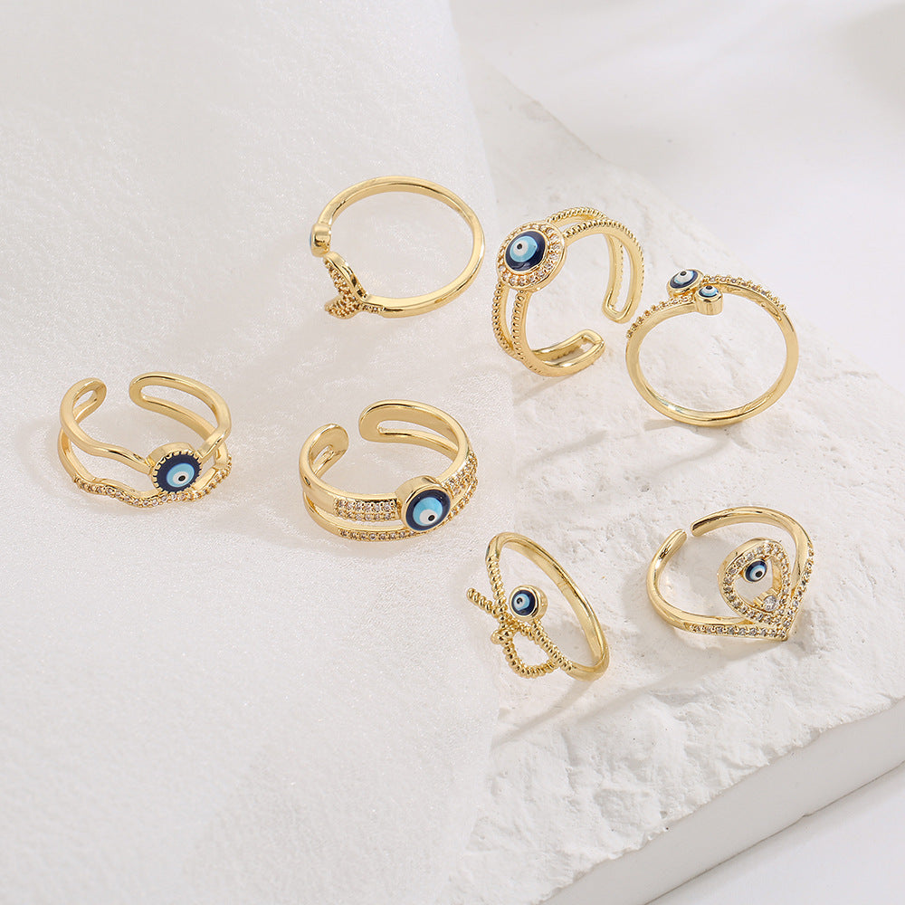 Anello Geometrico a Occhio Aperto da Donna in Rame con Placcatura in Oro 18K e Finitura Smaltata con Intarsio in Zirconi