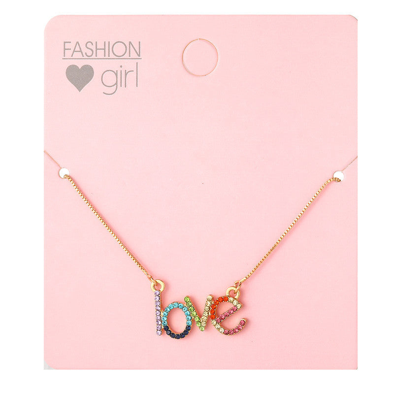 Cartoon Style Letter Shape Alloy Necklace with Rhinestone Inlay for Kids, Rainbow Colored Love Pendant on O-Chain