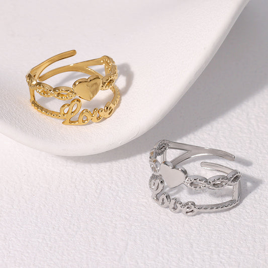 Cute Heart-Shaped Stainless Steel Open Ring with Plated Finish for Women