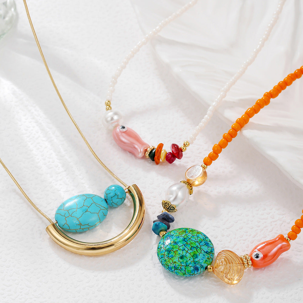 Bohemian Geometric Ceramic Beaded Stone Fish Acrylic Pendant Necklace Cable Chain Unisex