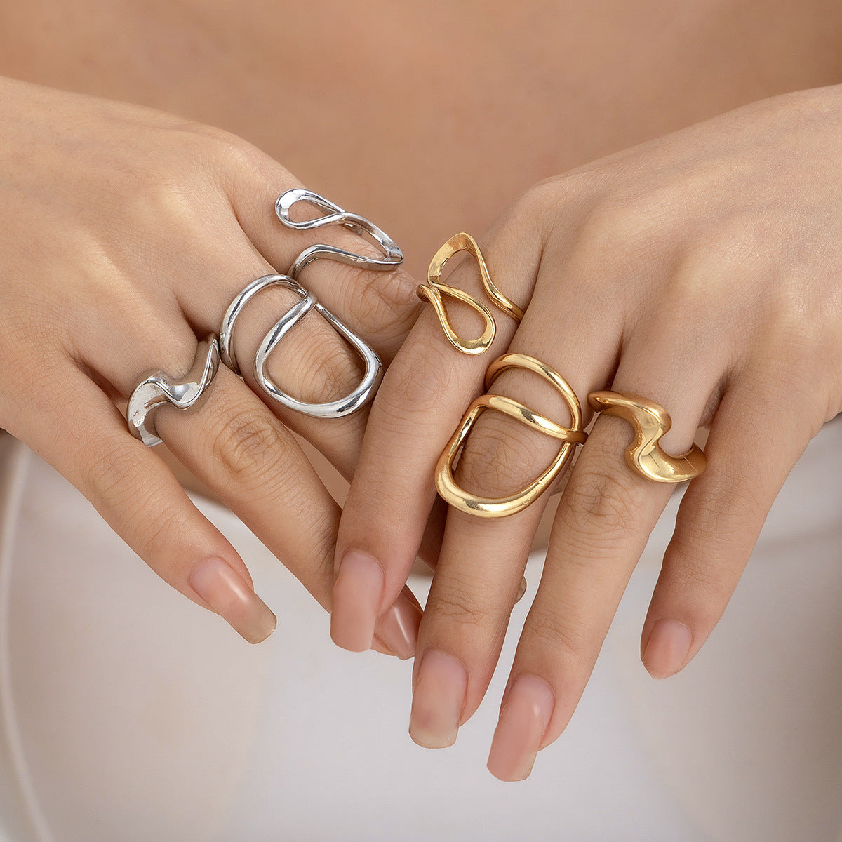 Minimalist Geometric Hollow Liquid-Design Alloy Ring Set with Polished Finish for Women