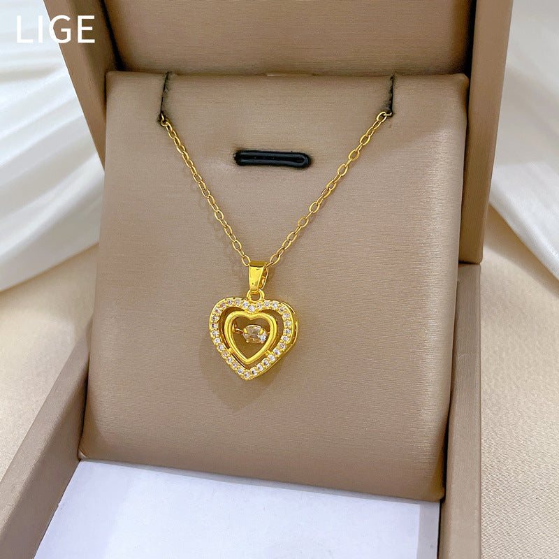 Elegante collana a doppio strato a forma di cuore in acciaio al titanio con strass per donna
