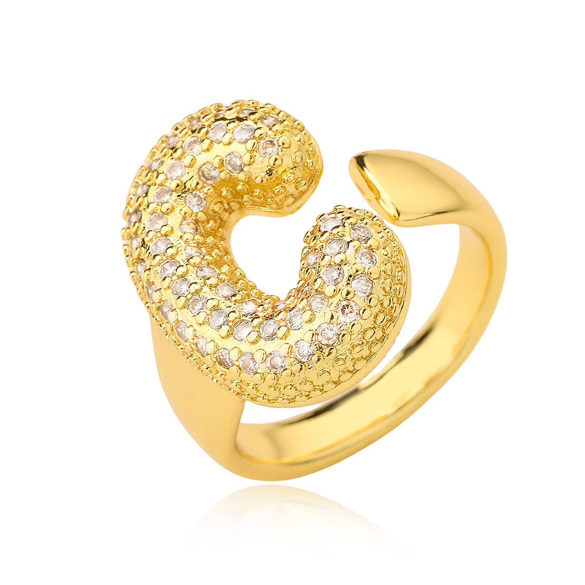 Minimalist Geometric Letter Zirconia Ring for Women in Copper with Gold Plating and Micro-Pavé Setting