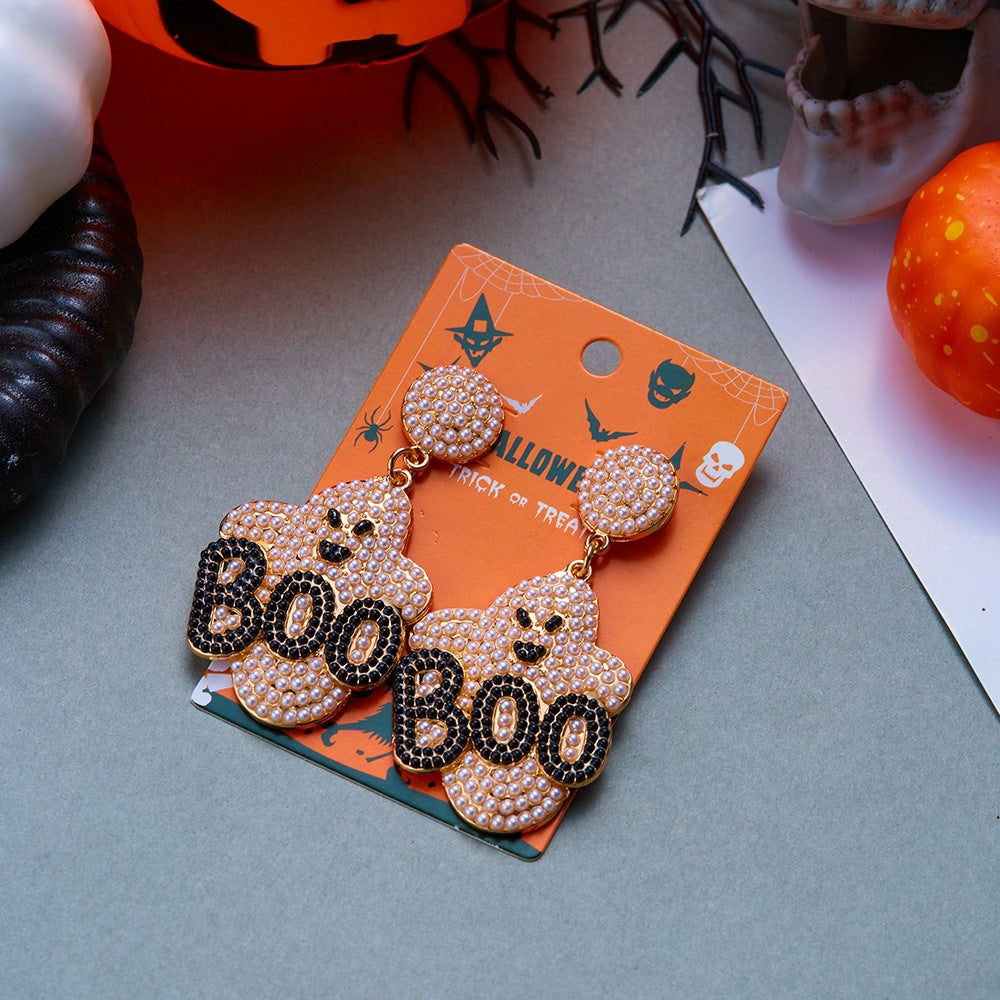 Gothic Cartoon Ghost Alloy Earrings with Inlaid Pearl for Women