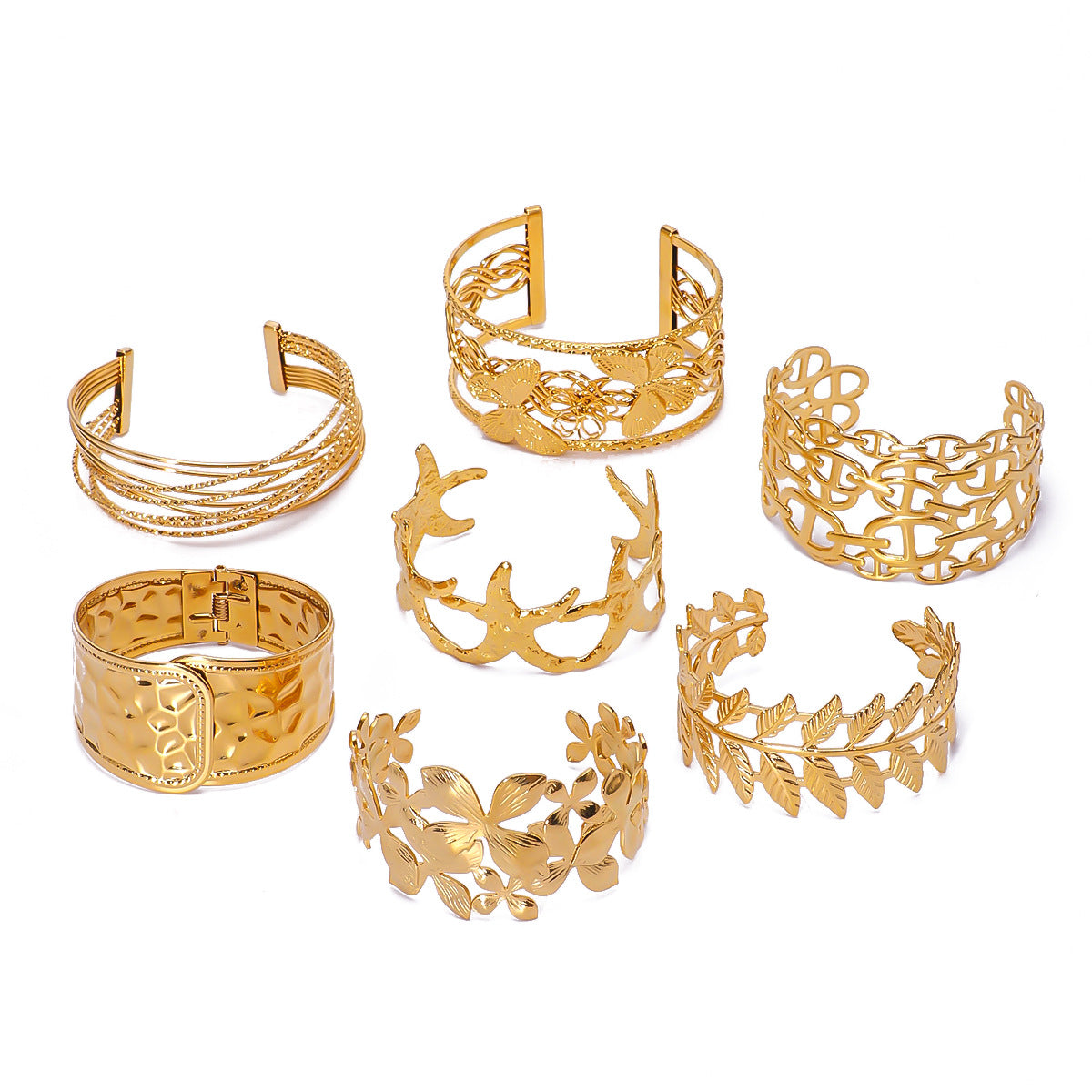 Minimalist Asymmetrical Hollow Flower Starfish Leaf Cuff Bracelet for Women in Titanium Steel with Gold Plating
