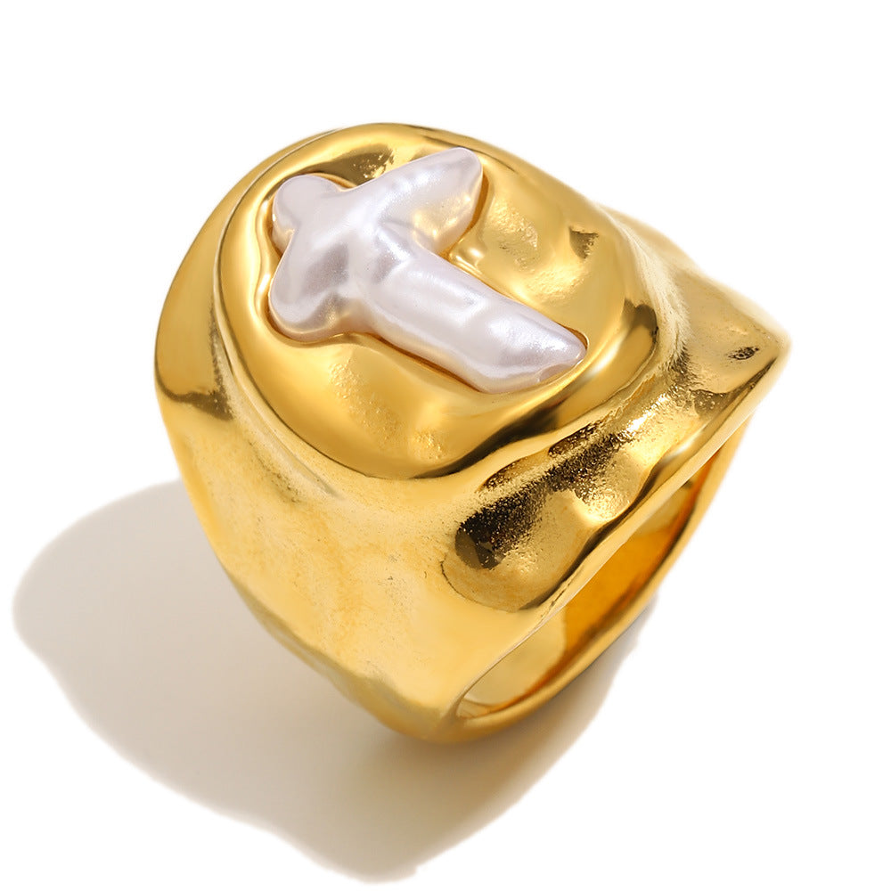 Elegant Minimalist 18K Gold Plated Stainless Steel Cross Oval Imitation Pearl Ring