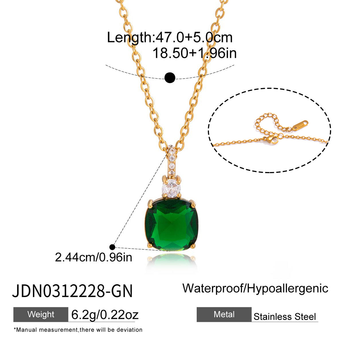 Minimalist Colorful Cubic Zirconia Geometric Square PVD Gold Plated Stainless Steel Necklace for Women