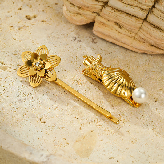 Fashionable Shell-Shaped Pearl Hair Clip in Stainless Steel with Plated Finish for Women