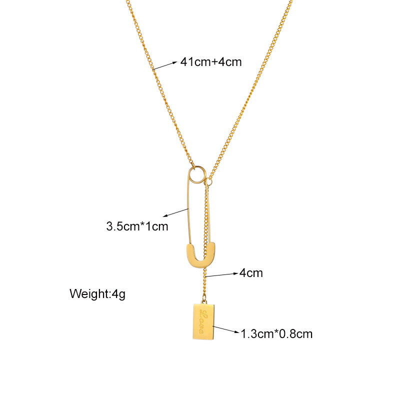 Minimalist Cold-Tone Titanium Steel Square Pendant Necklace with Safety Pin Detail on Standard Chain